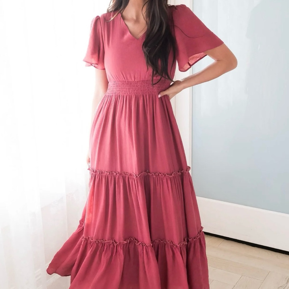 MIKAROSE Raspberry Pink Taylor Boho Tiered V-Neck Textured Maxi Dress Size XL